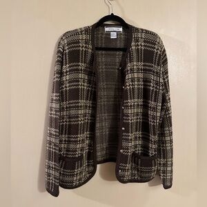 Crystal Kobe Women Long Sleeve Brown Plaid Cardigan Sweater Size Large
